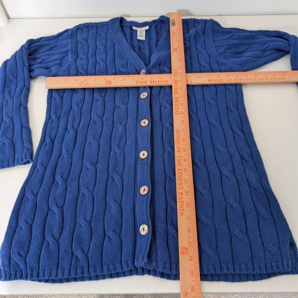 Talbots Cable Knit Cardigan Womens Size Medium Blue 100% Cotton V Neck Sweater